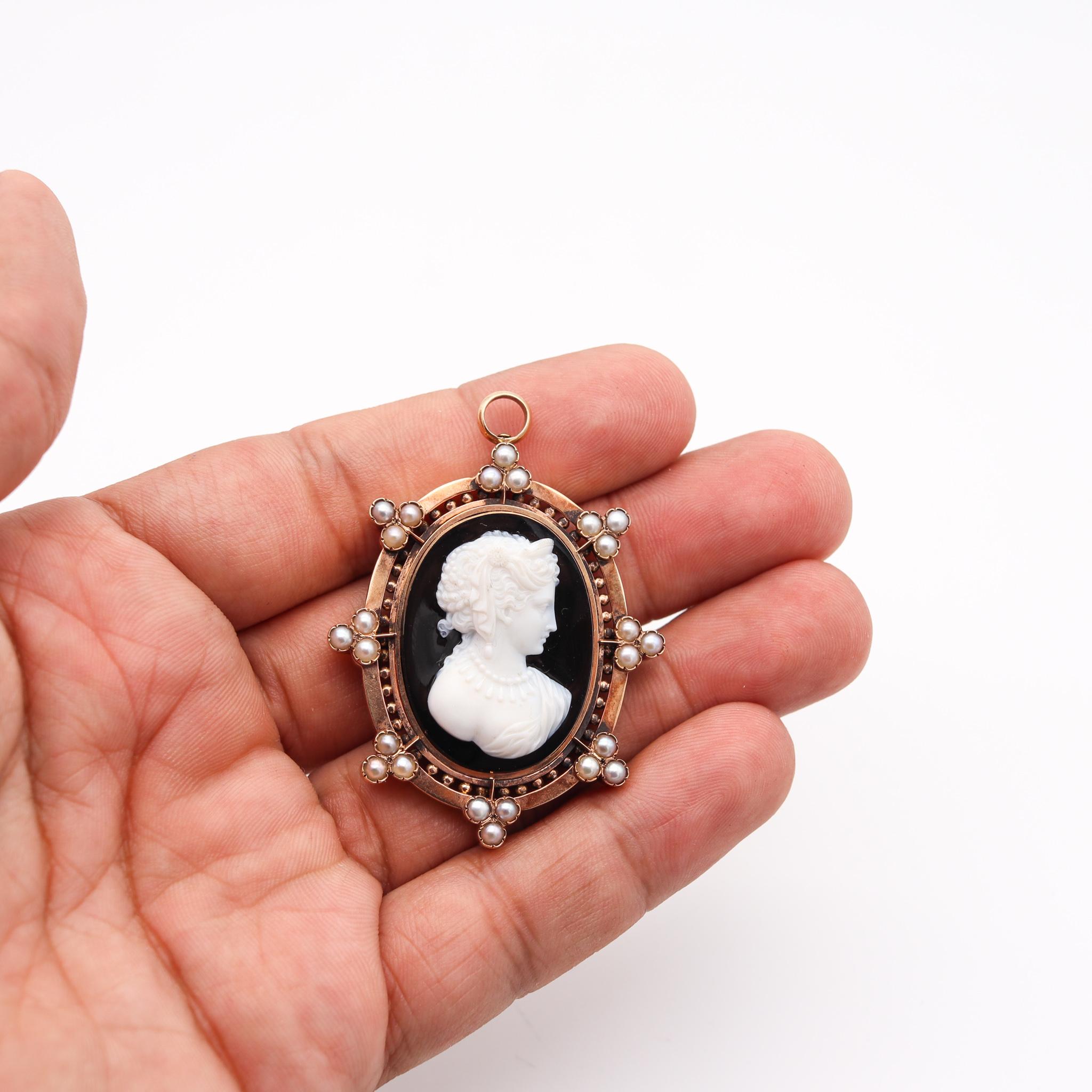 Victorian 1870 Etruscan Revival Agate Cameo Pendant In 15KT Gold Natural Pearls In Excellent Condition In Miami, FL