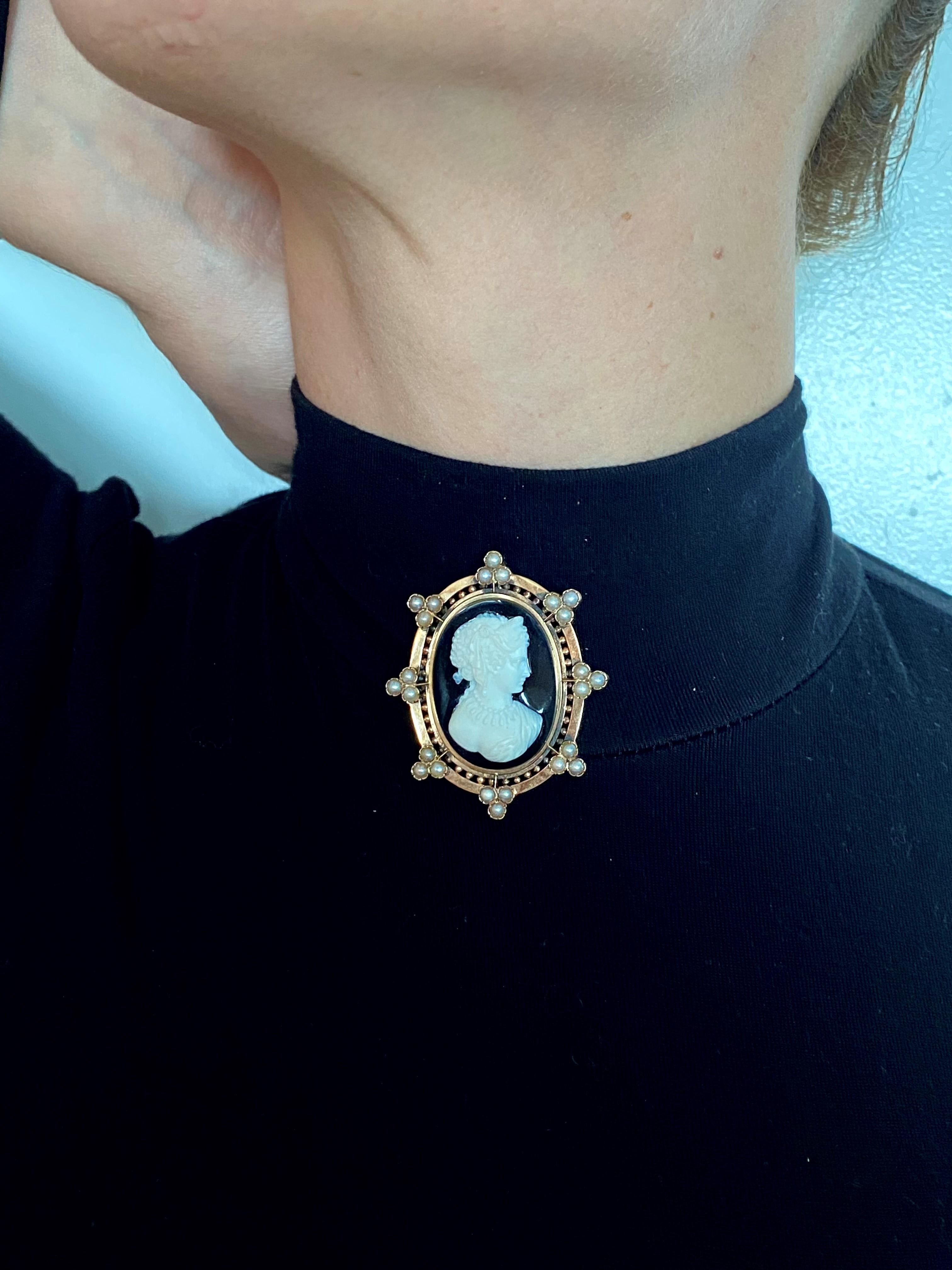 Victorian 1870 Etruscan Revival Agate Cameo Pendant In 15KT Gold Natural Pearls 1