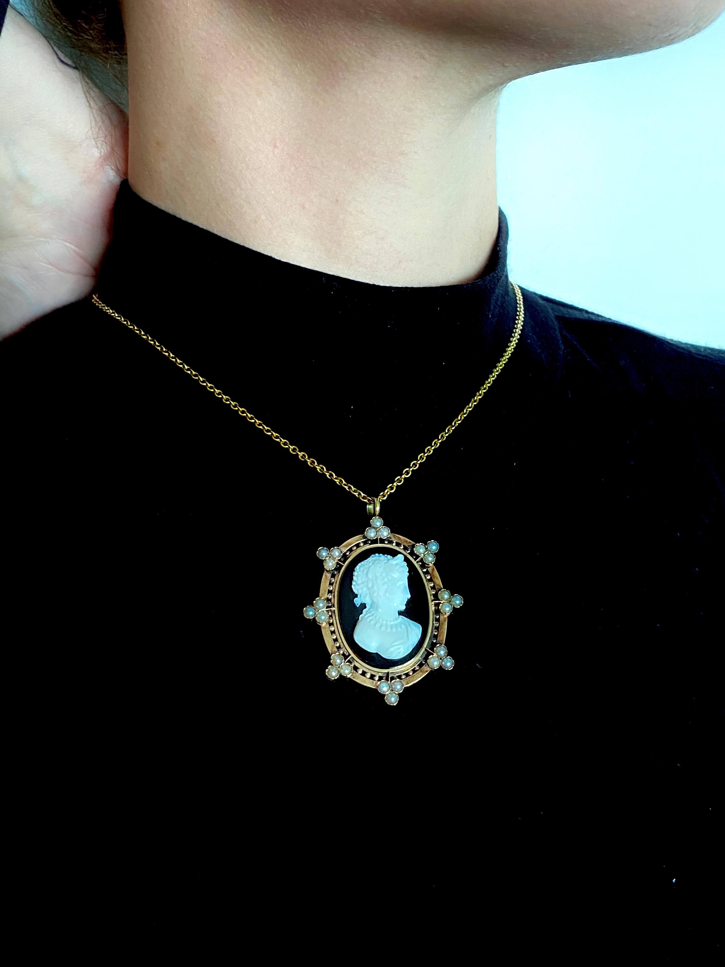 Victorian 1870 Etruscan Revival Agate Cameo Pendant In 15KT Gold Natural Pearls 3