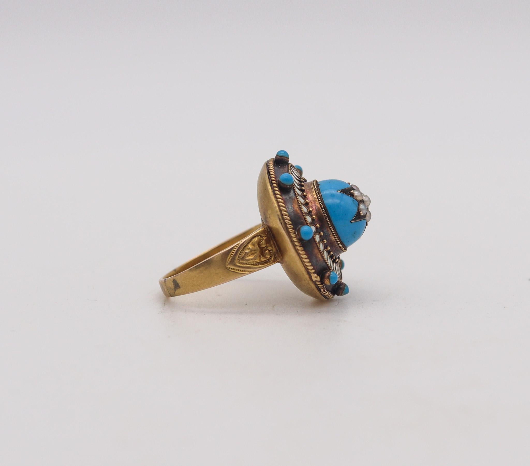 Néo-étrusque Bague étoile céleste de style néo-étrusque victorien 1870 en or 15 carats avec perles en vente