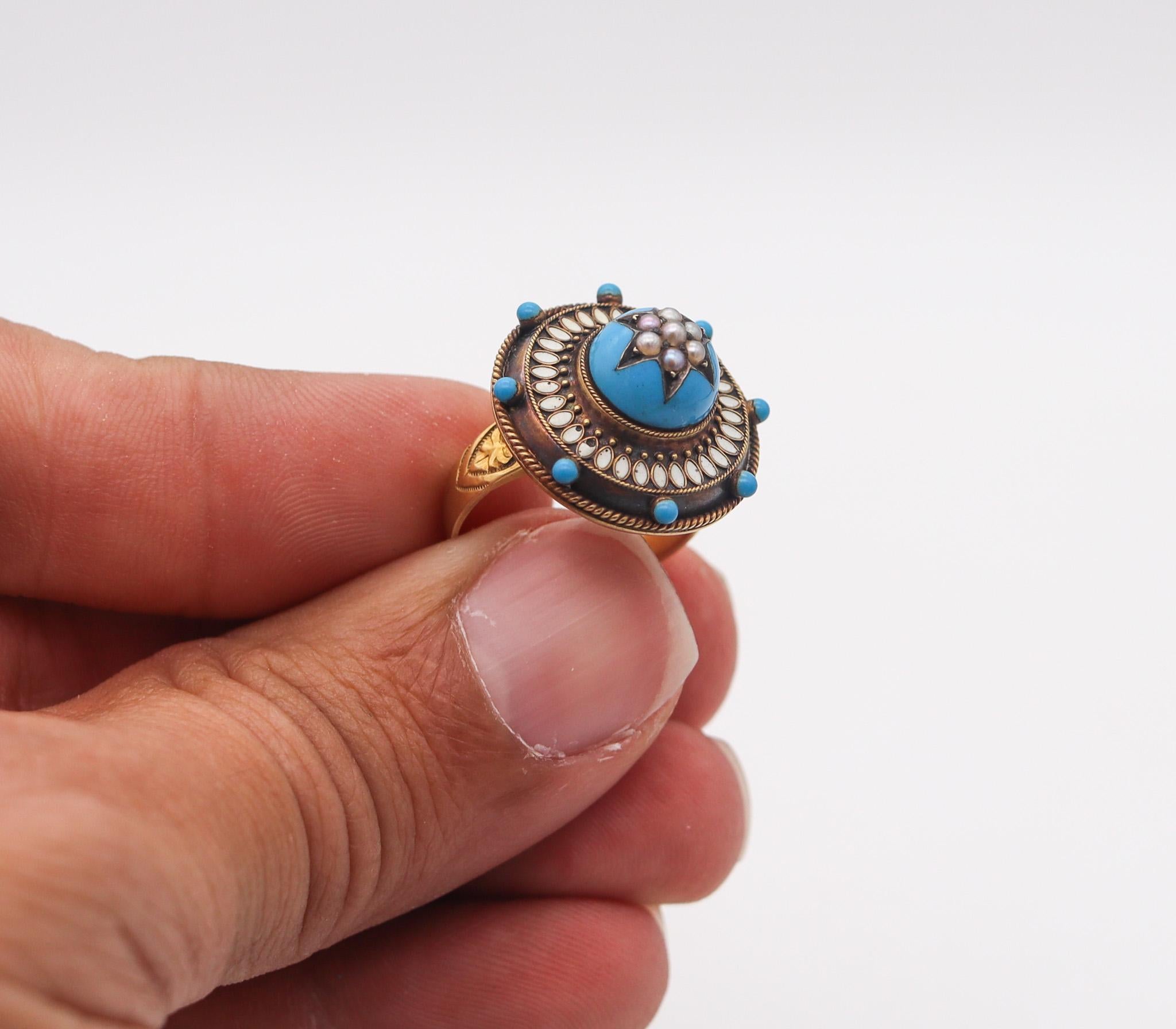 Taille ronde Bague étoile céleste de style néo-étrusque victorien 1870 en or 15 carats avec perles en vente