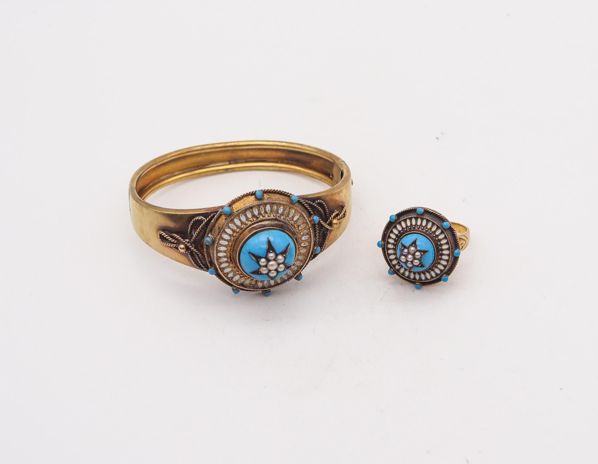 Women's Victorian 1870 Etruscan Revival Celestial Star Ring In 15Kt Gold With Pearls For Sale
