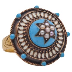 Bague étoile céleste de style néo-étrusque victorien 1870 en or 15 carats avec perles