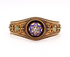 Victorian 1870 Etruscan Revival Enamel Star Bracelet in 15kt Gold with Diamonds