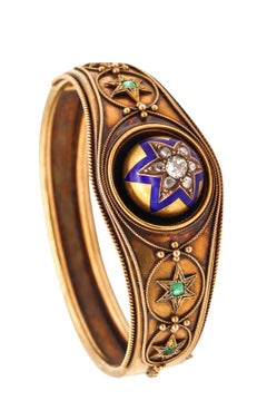Victorian 1870 Etruscan Revival Enamel Star Bracelet in 15kt Gold with Diamonds