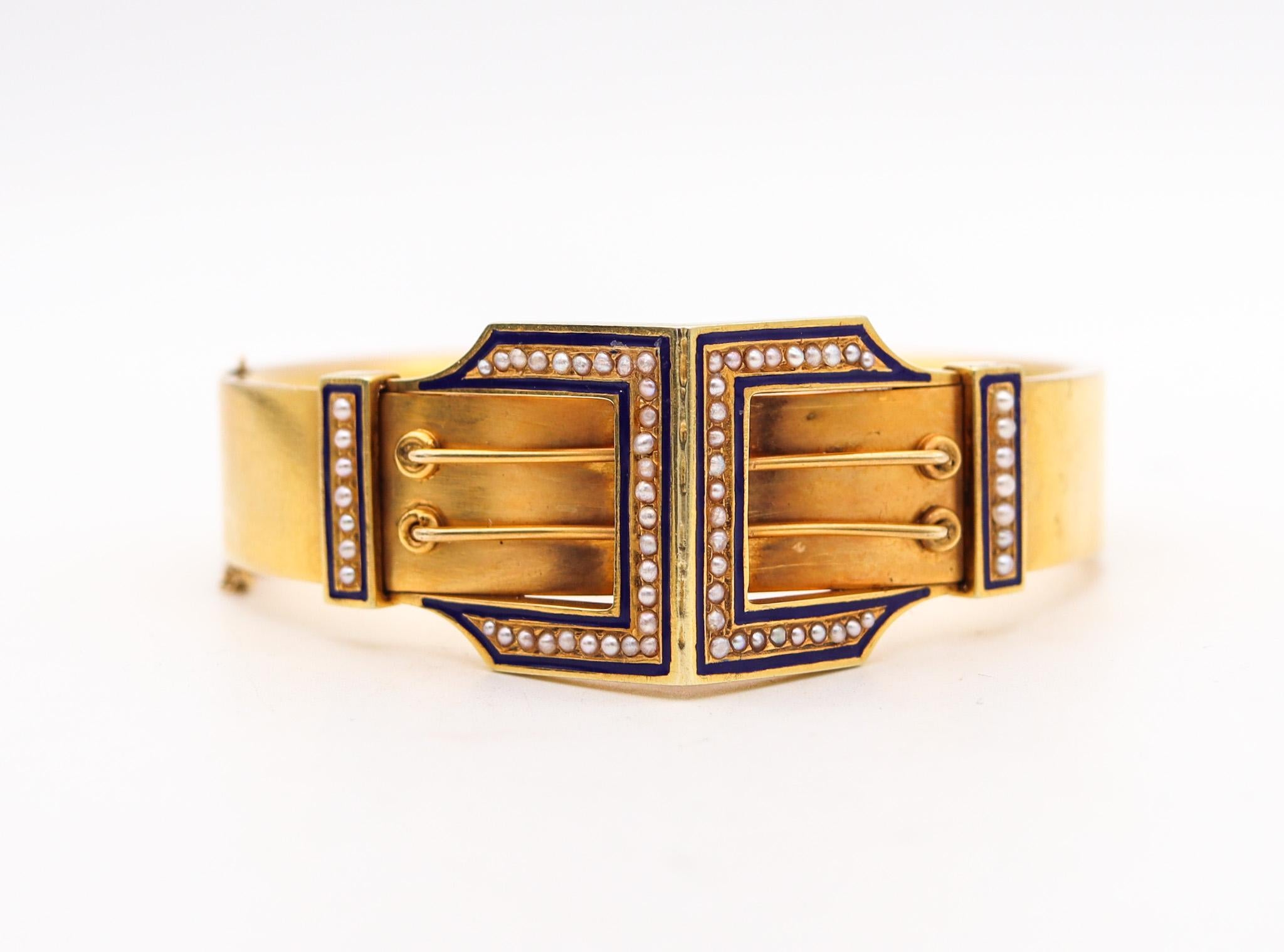 Victorian Etruscan Revival bracelet.

An outstanding classic bracelet, created in England during the Victorian Era (1837-1901), circa 1870. This bangle bracelet has been carefully crafted in solid yellow gold of 16 karats (0.667/.999 Au), with an