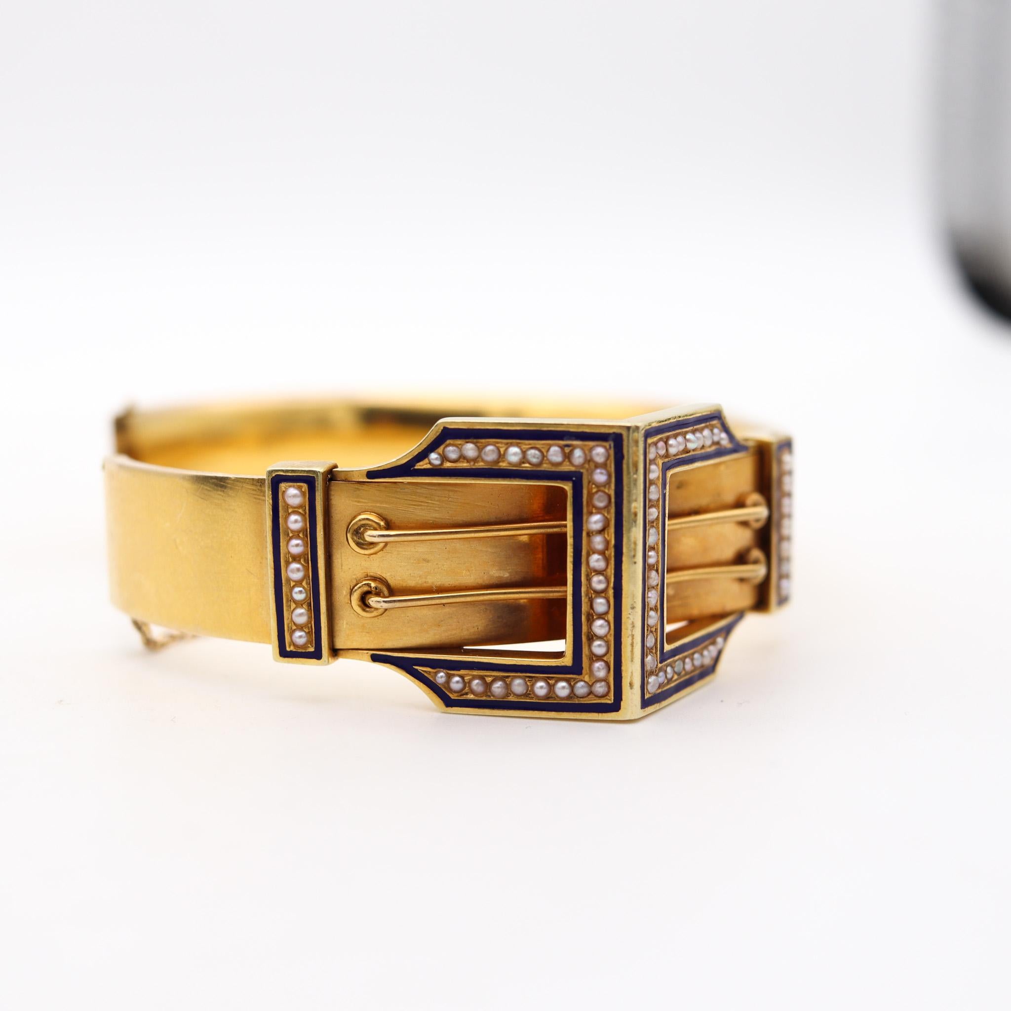 Victorian 1870 Etruscan Revival Geometric Bracelet In 16K With Enamel And Pearls For Sale 1