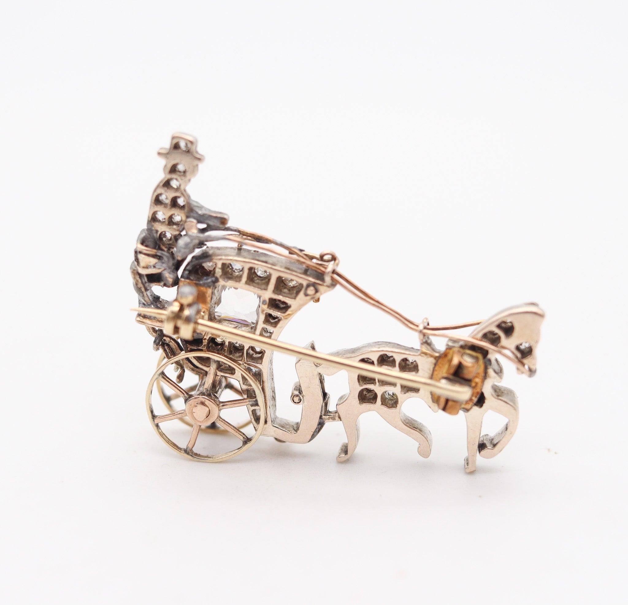 Old European Cut VICTORIAN 1870 European Carriage Brooch 14Kt Gold Silver Diamonds & Rubies For Sale