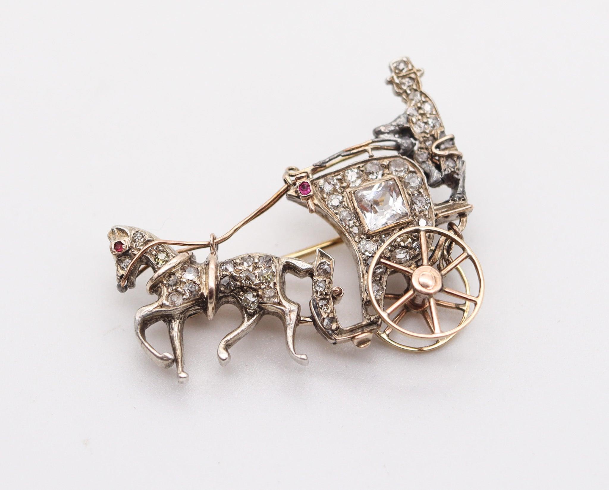 VICTORIAN 1870 European Carriage Brooch 14Kt Gold Silver Diamonds & Rubies In Good Condition For Sale In Miami, FL