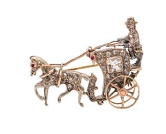 VICtorian 1870 Broche européenne en forme de chariot en or 14 carats, argent, diamants et rubis
