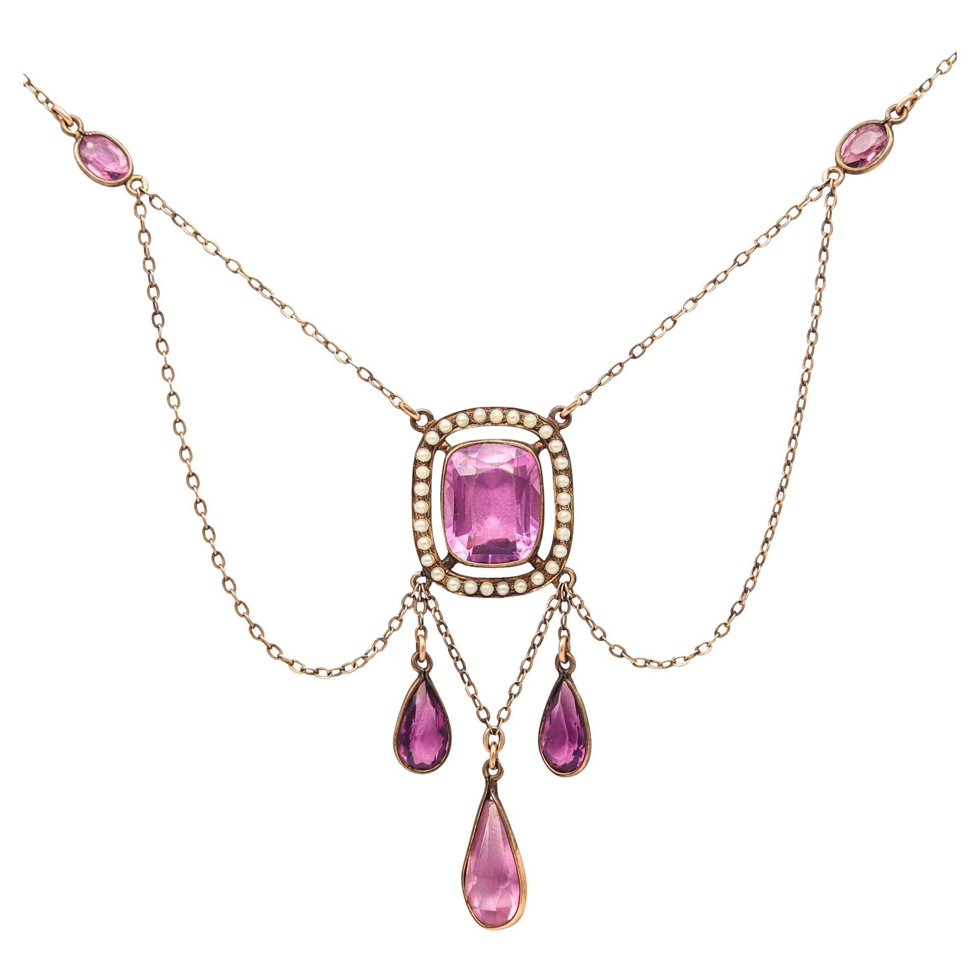 VICTORIAN 1870 Festoon Chained Necklace 9Kt Yellow Gold With Amethysts & Pearls