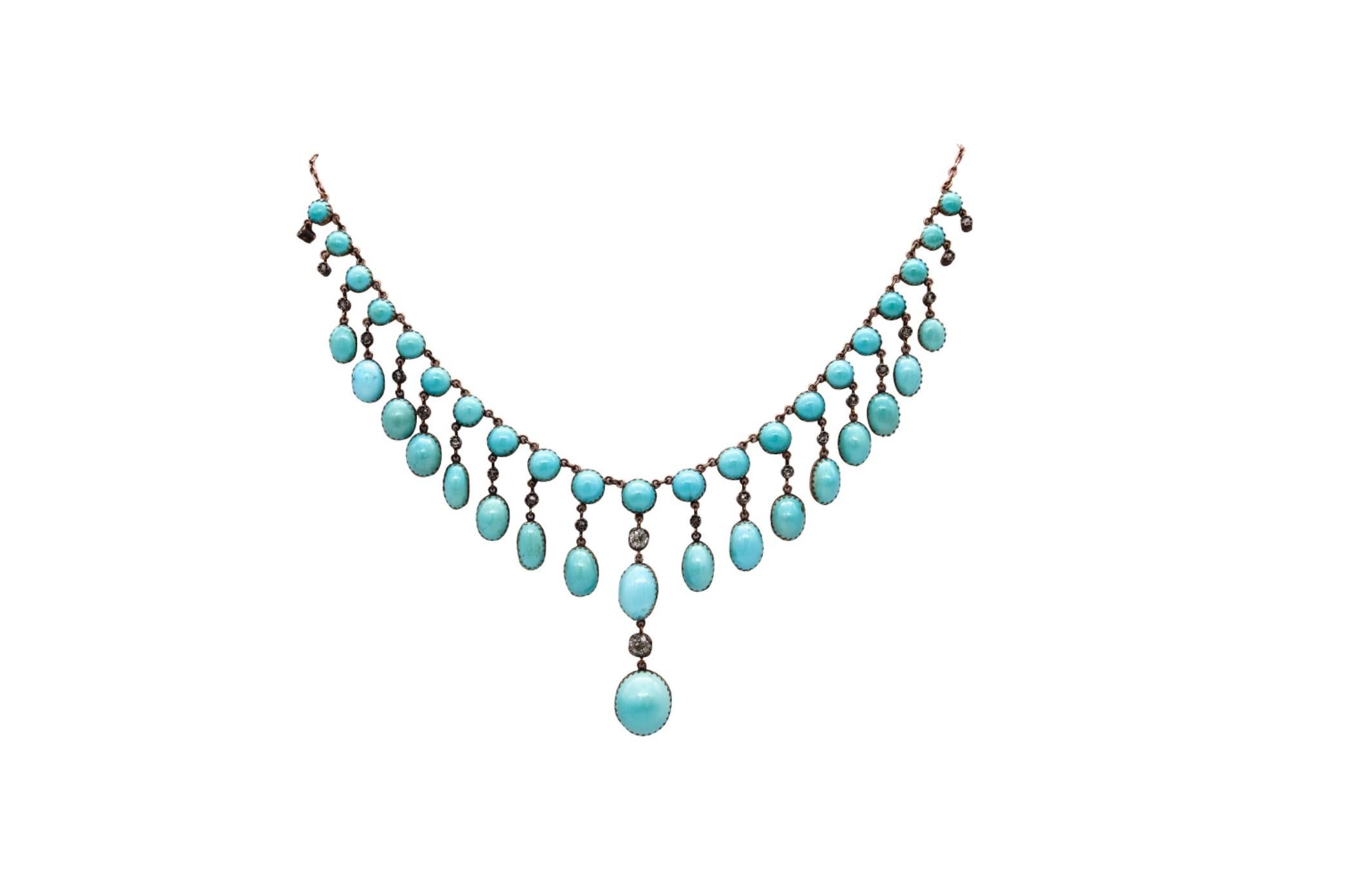 Collana a festone vittoriana del XIX secolo con turchesi.

Un magnifico ed eccezionale gioiello, molto probabilmente britannico, creato durante la metà dell'epoca vittoriana (1840-1901), nel 1870. Questa delicata collana a festone con cabochon a