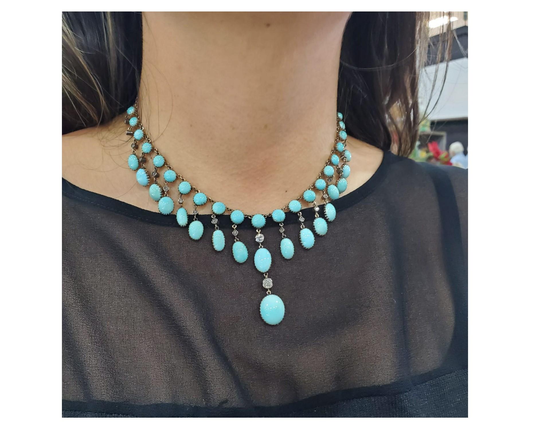 Collana a festone vittoriana del 1870 in oro giallo 18Kt con turchesi da 96,65 carati in vendita 2