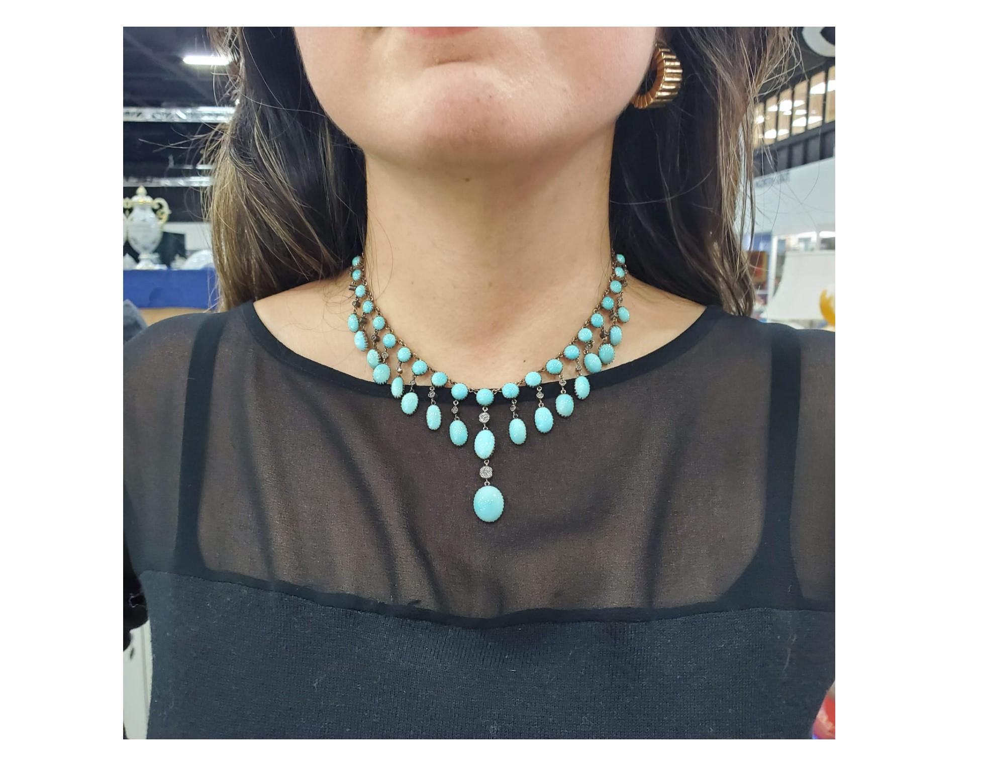 Collana a festone vittoriana del 1870 in oro giallo 18Kt con turchesi da 96,65 carati in vendita 3