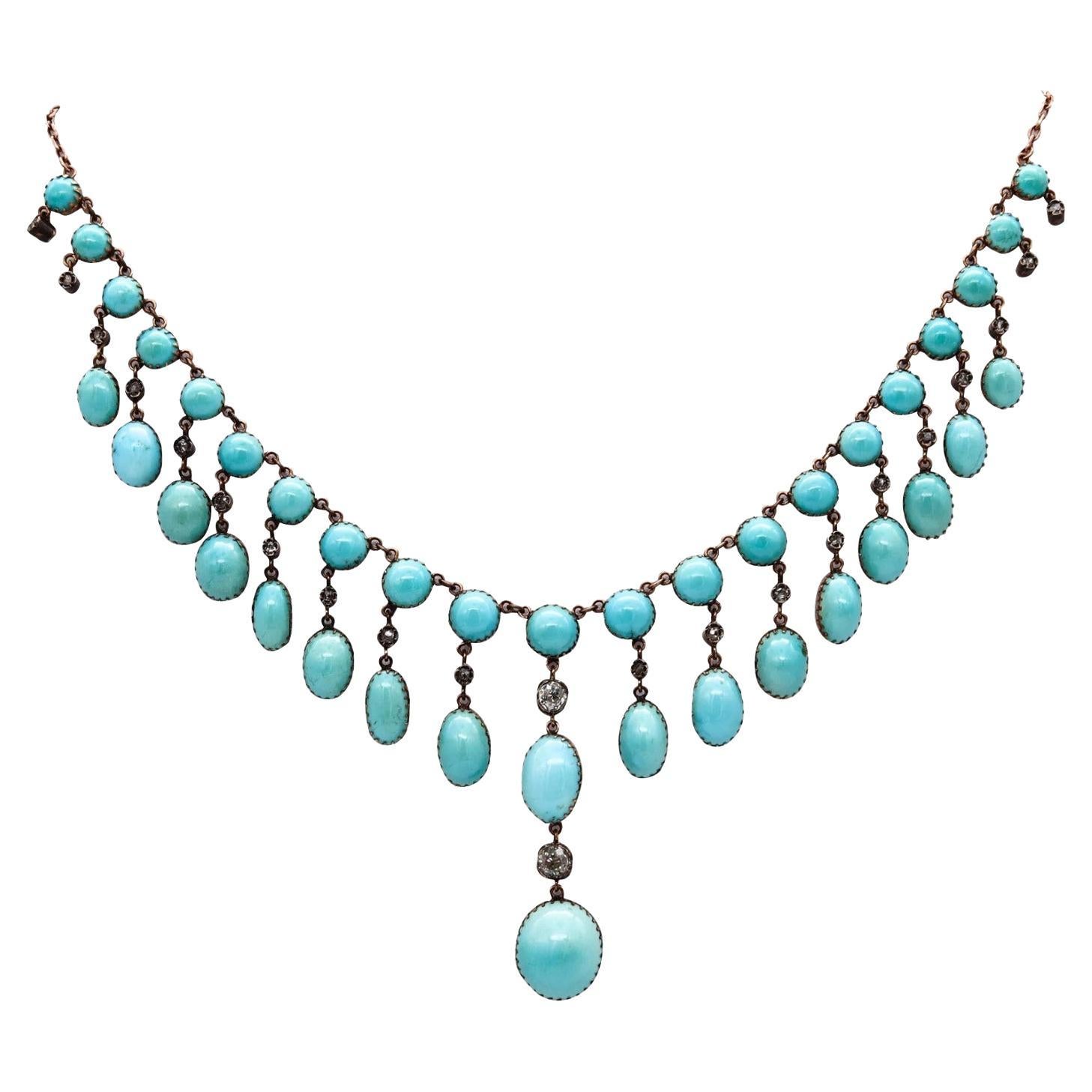 Victorian 1870 Festoon Drop Necklace 18Kt Yellow Gold with 96.65 Cts Turquoises For Sale