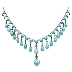 Victorian 1870 Festoon Drop Necklace 18Kt Yellow Gold with 96.65 Cts Turquoises
