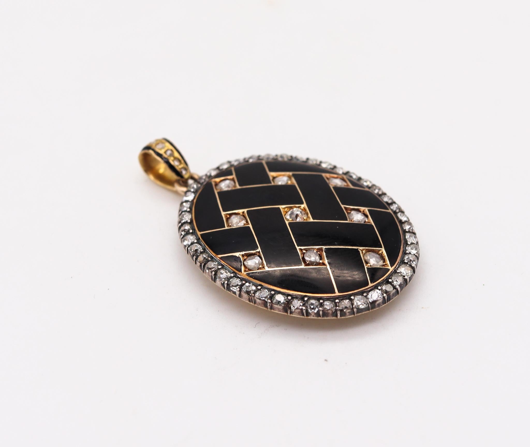 High Victorian Victorian 1870 Geometric Enameled Oval Pendant Locket in 18kt Gold with Diamonds For Sale