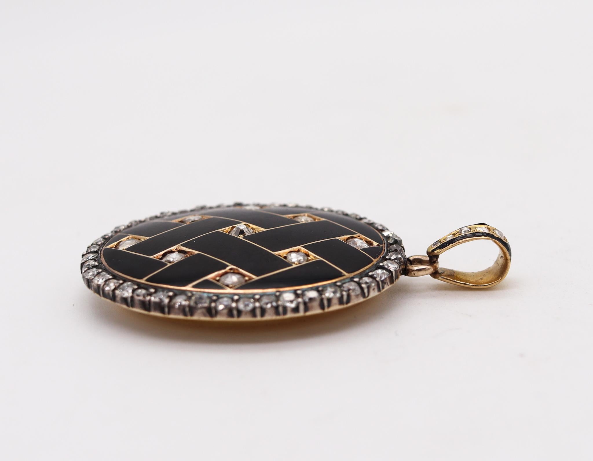 Rose Cut Victorian 1870 Geometric Enameled Oval Pendant Locket in 18kt Gold with Diamonds For Sale