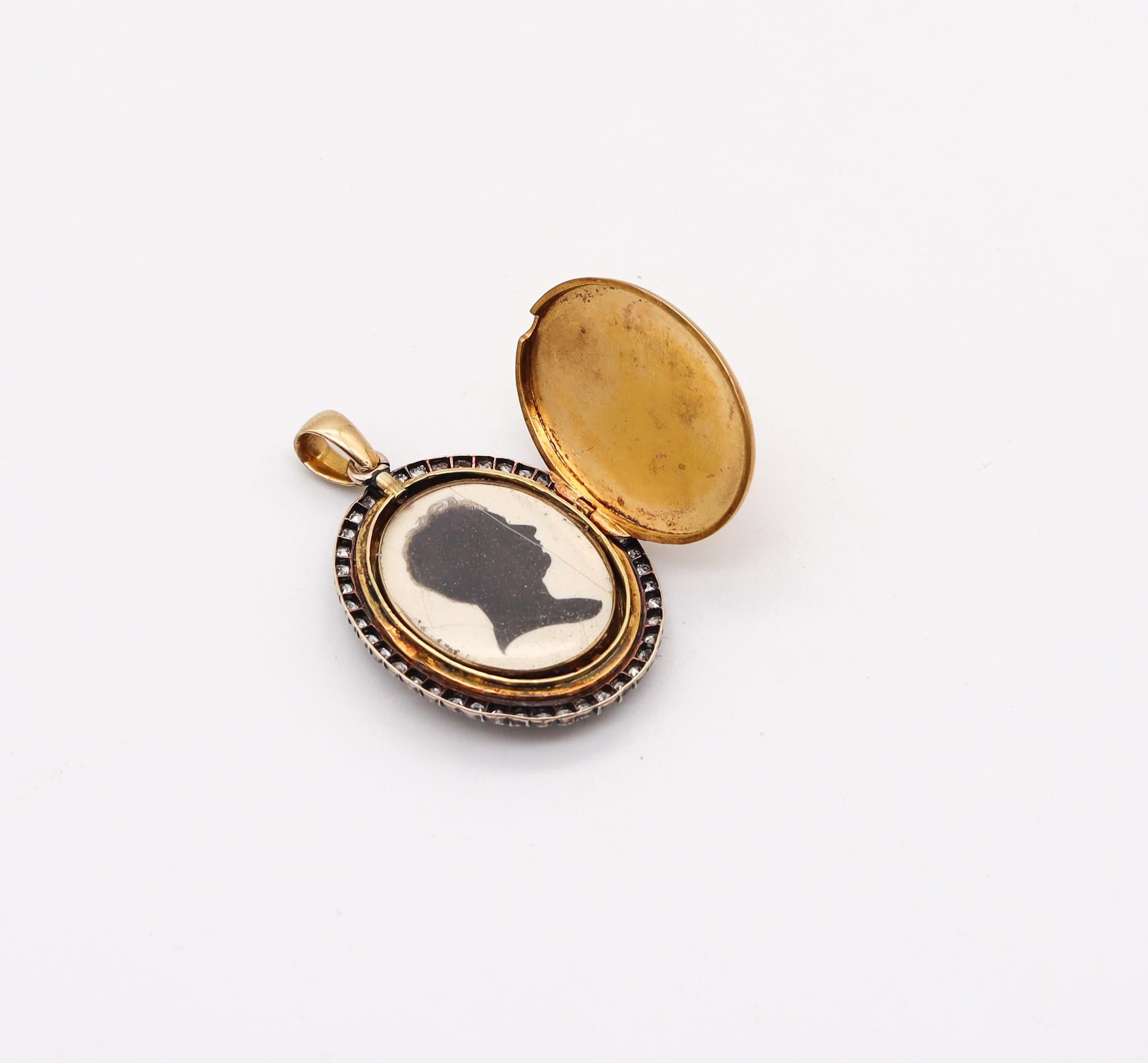 Women's Victorian 1870 Geometric Enameled Oval Pendant Locket in 18kt Gold with Diamonds For Sale