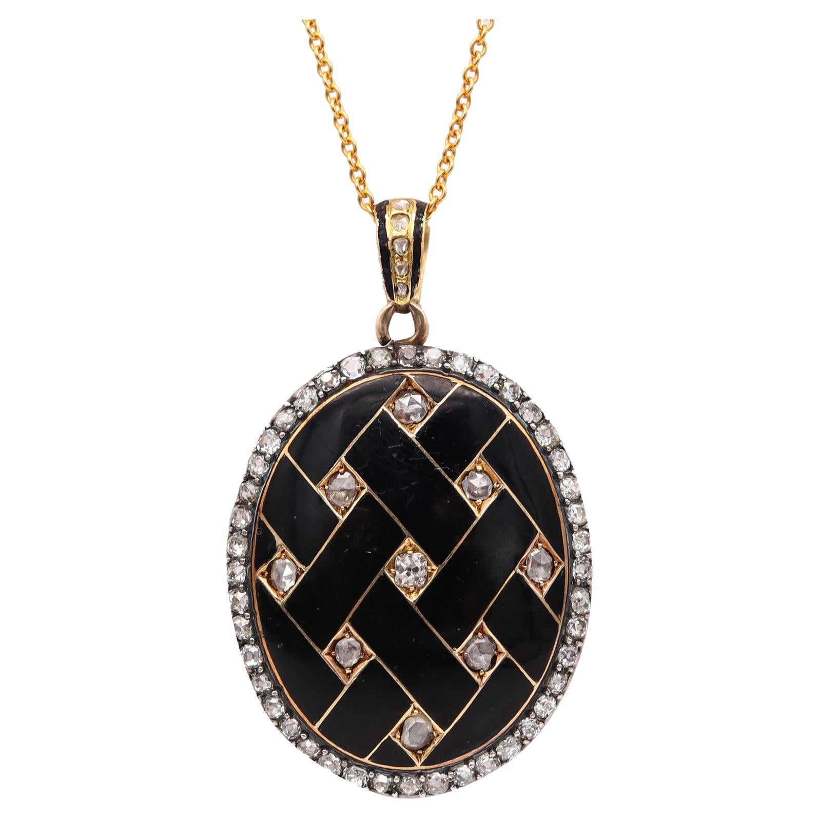 Victorian 1870 Geometric Enameled Oval Pendant Locket in 18kt Gold with Diamonds For Sale