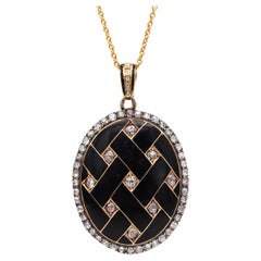 Victorian 1870 Geometric Enameled Oval Pendant Locket in 18kt Gold with Diamonds
