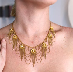 Victorian 1870 Gorgeous Festoon Fringe Necklace 18Kt Yellow Gold Natural Pearls