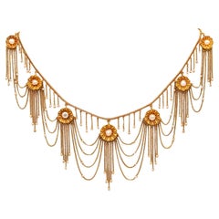Victorian 1870 Gorgeous Festoon Fringe Necklace 18Kt Yellow Gold Natural Pearls
