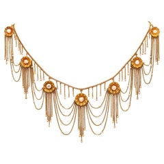 Antique Victorian 1870 Gorgeous Festoon Fringe Necklace 18Kt Yellow Gold Natural Pearls