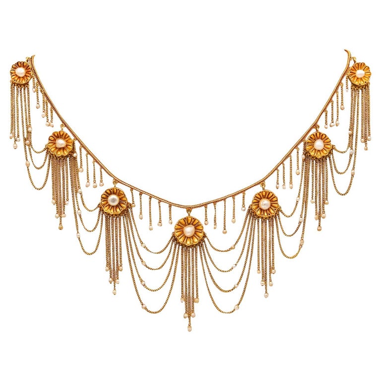 Victorian 1870 Festoon Fringe Necklace 18Kt Yellow Gold