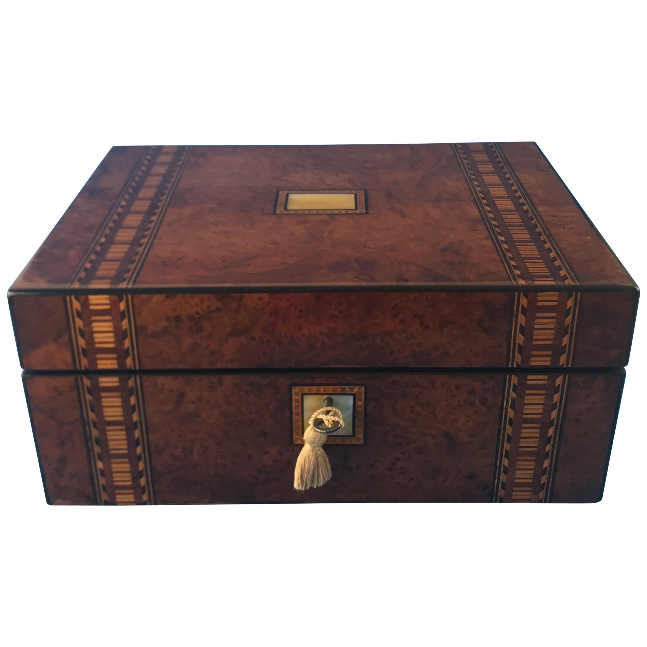 Victorian 1870 Inlaid Burr Walnut with Tunbridge Ware Banding Box