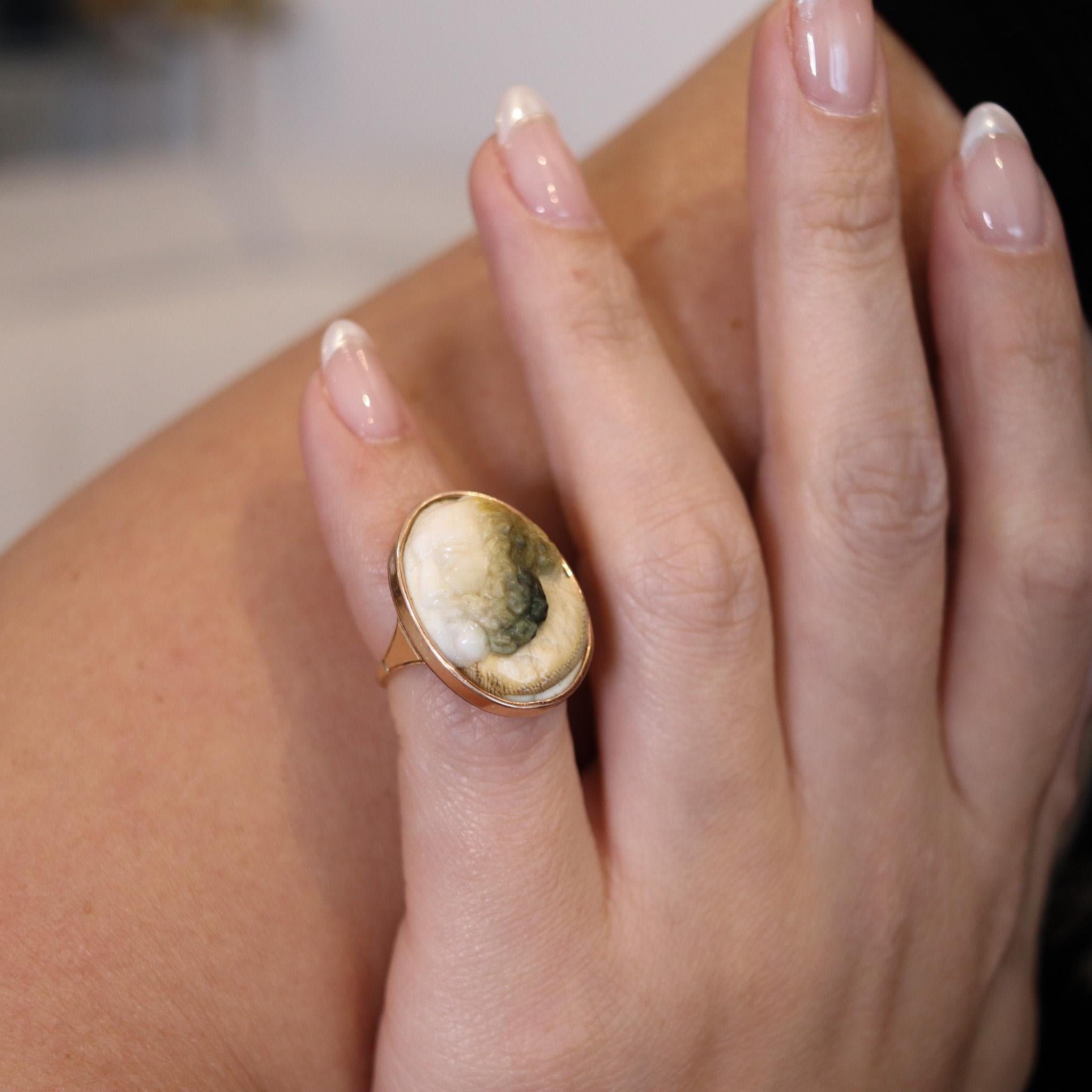 Cabochon Victorian 1870 Operculum Carved Shell Memento Ring In 14Kt Yellow And Rose Gold For Sale