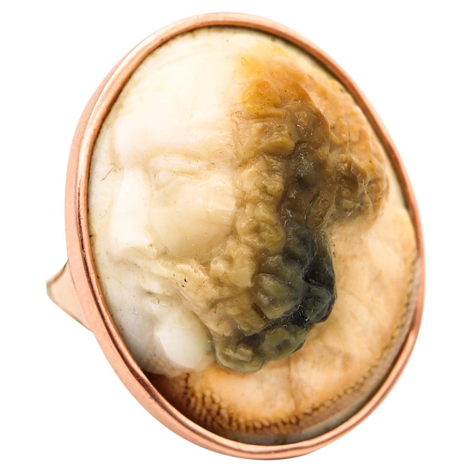 Victorian 1870 Operculum Carved Shell Memento Ring In 14Kt Yellow And Rose Gold For Sale