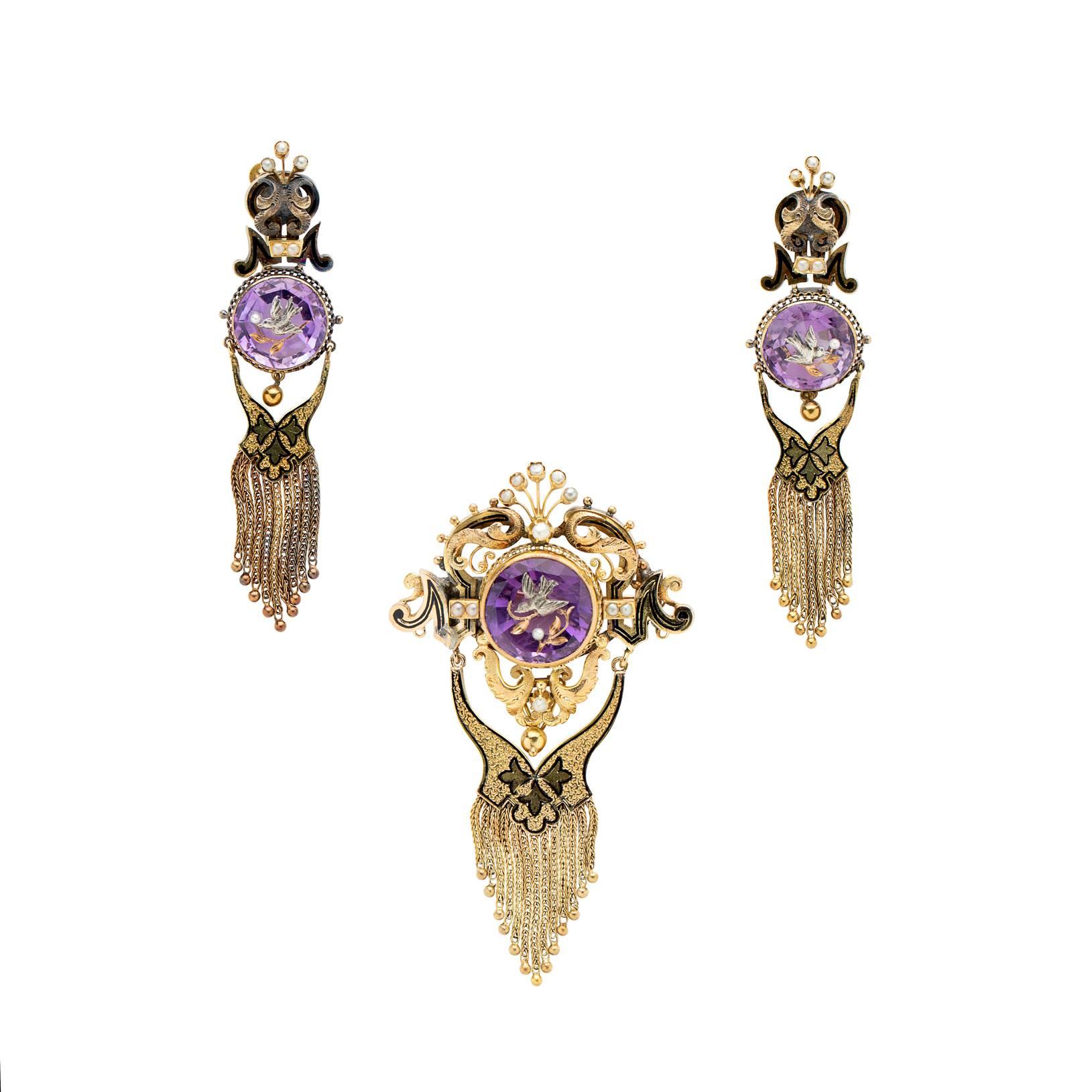 Victorian 1870s Amethyst Intaglio Brooch and Earring Set