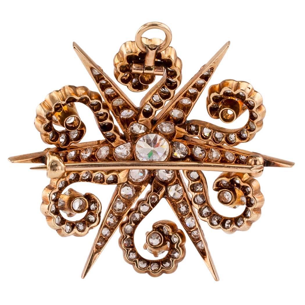 Victorian 1870s Starburst Diamonds Gold Brooch Pendant In Excellent Condition In Los Angeles, CA