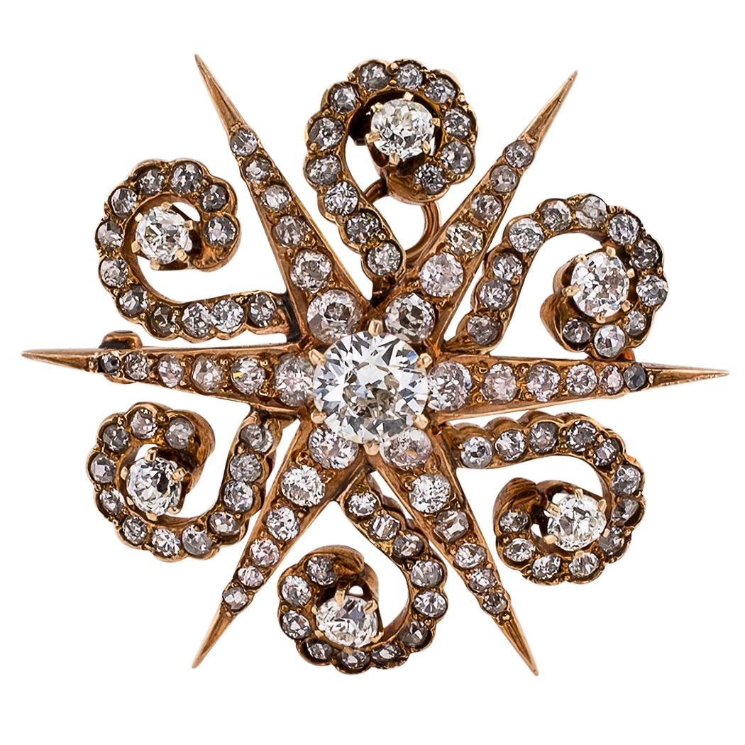 Victorian 1870s Starburst Diamonds Gold Brooch Pendant