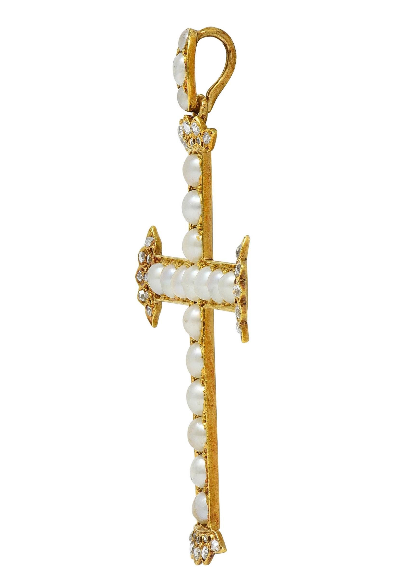 Rose Cut Victorian 1871 Diamond Pearl Antique Portuguese Cross Pendant For Sale