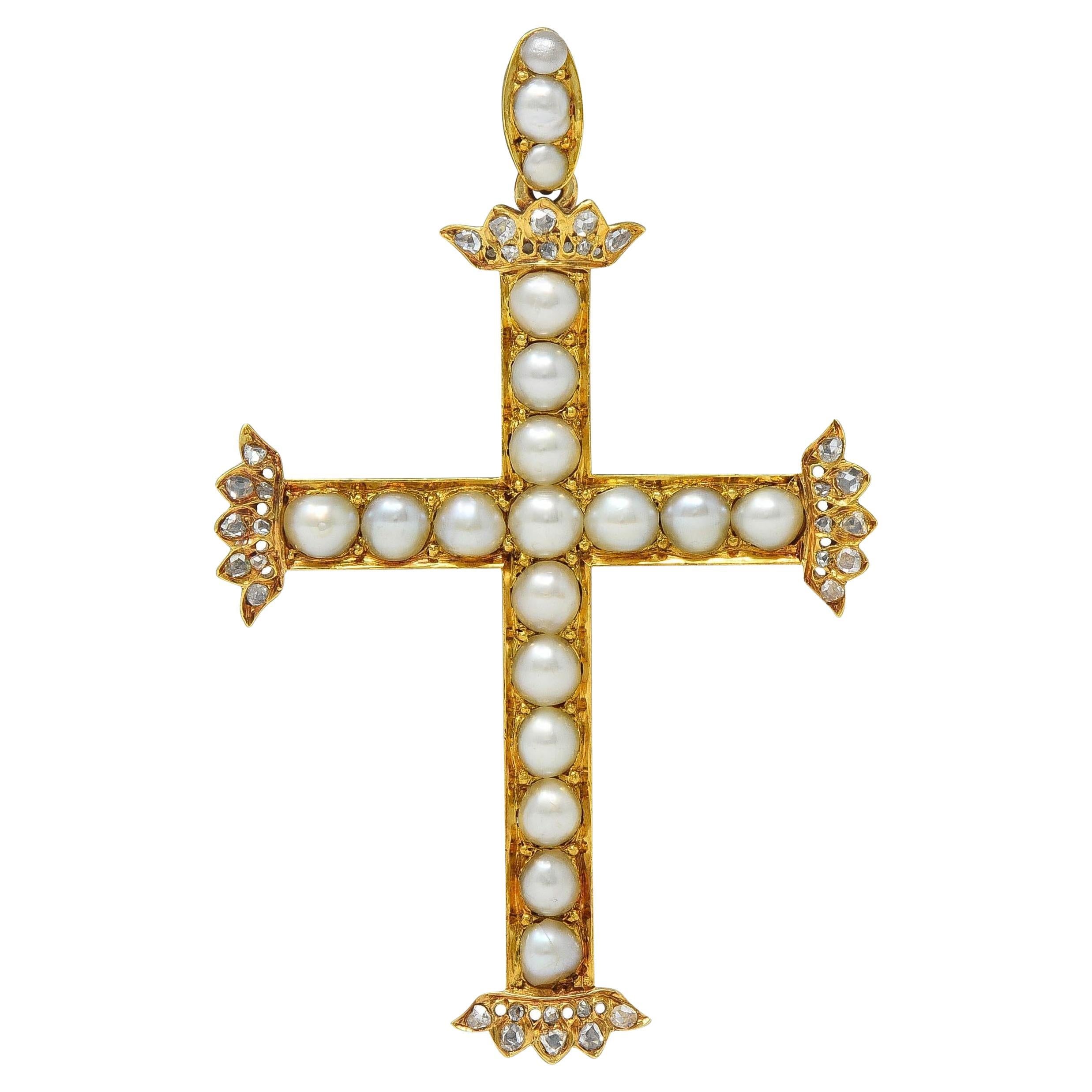 Victorian 1871 Diamond Pearl Antique Portuguese Cross Pendant For Sale