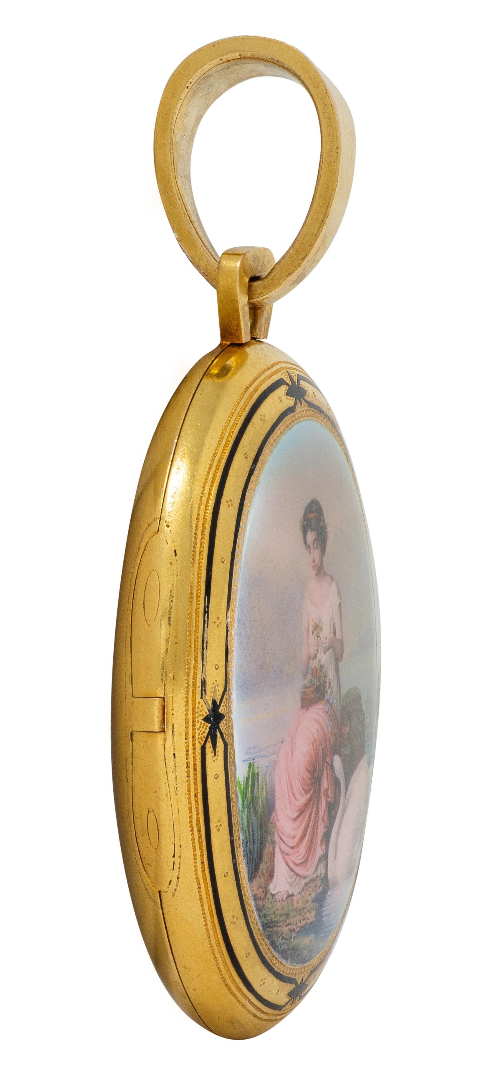 Pendentif en or jaune 18 carats avec émail peint de l'époque victorienne 1871 Pour femmes en vente