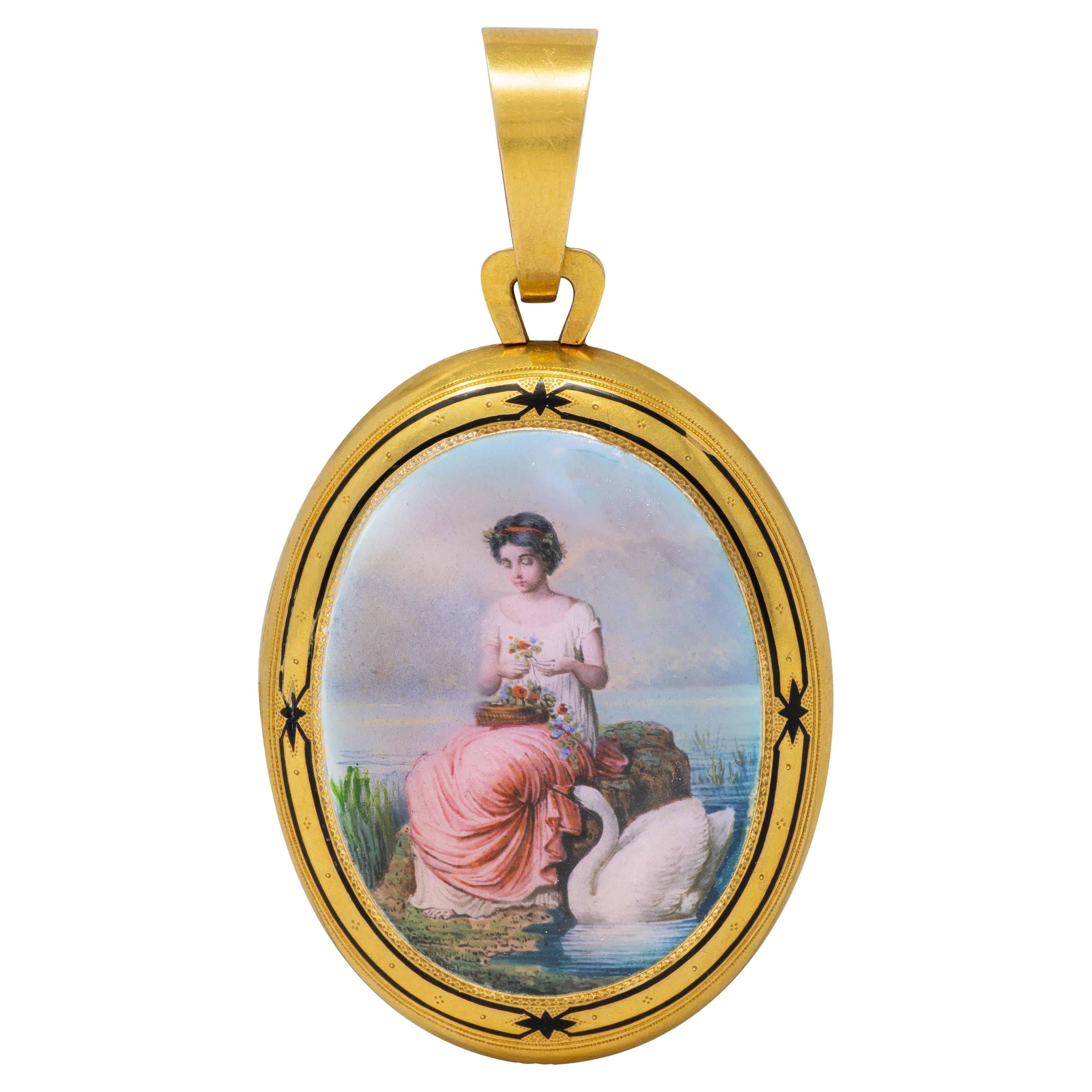 Pendentif en or jaune 18 carats avec émail peint de l'époque victorienne 1871