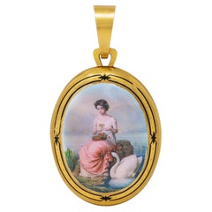 Pendentif en or jaune 18 carats avec émail peint de l'époque victorienne 1871