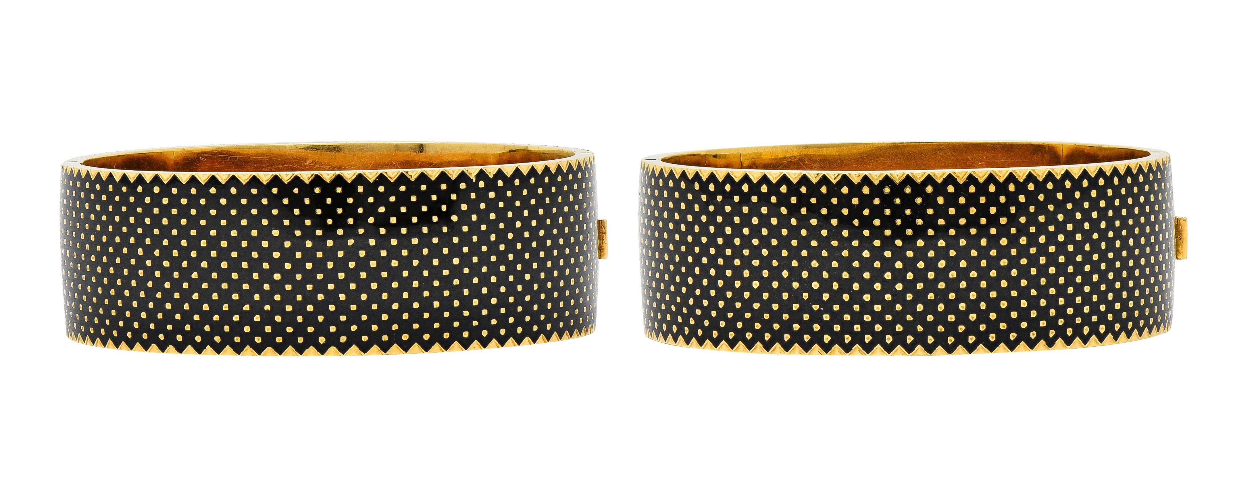 Women's or Men's Victorian 1876 18 Karat Gold Enamel Antique Pair Of Marriage Bangle Bracelets