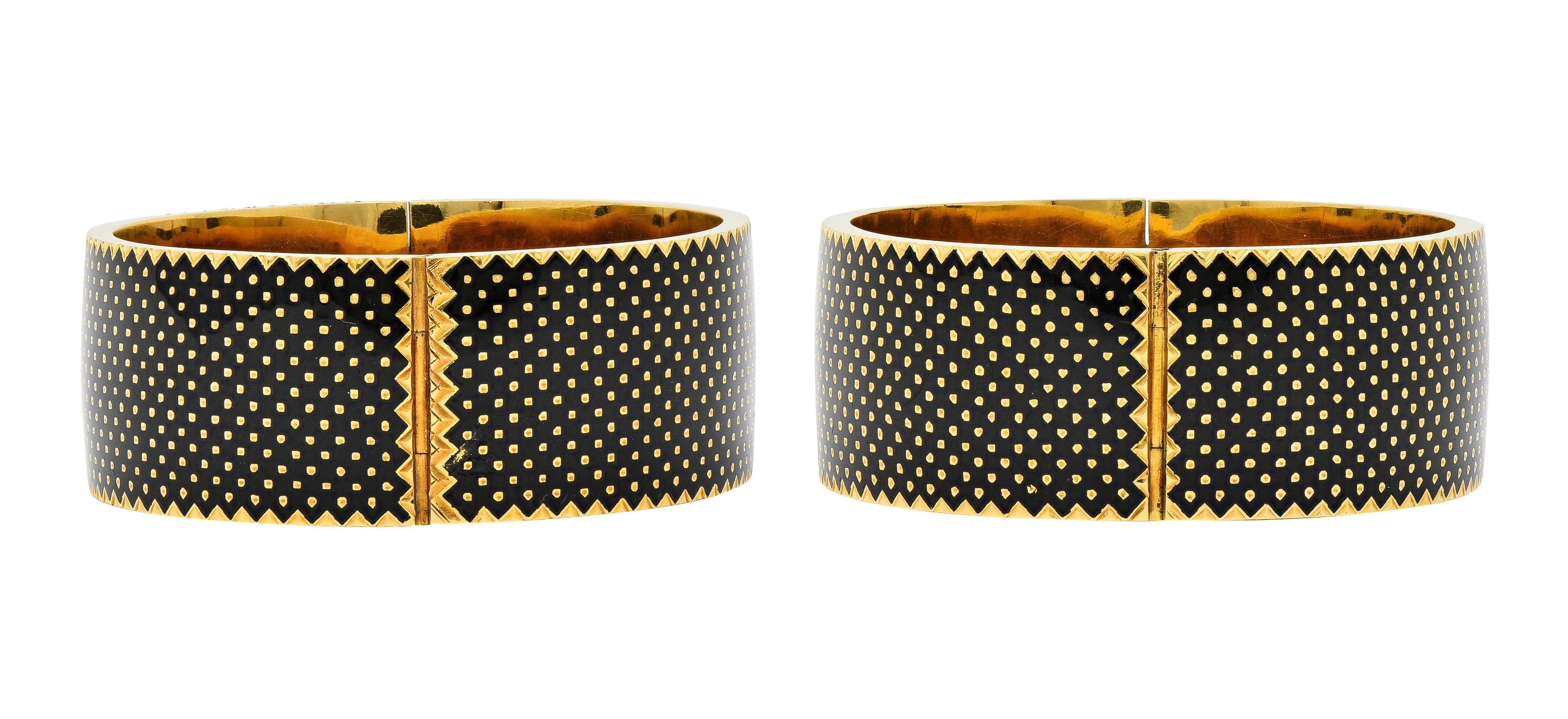 Victorian 1876 18 Karat Gold Enamel Antique Pair Of Marriage Bangle Bracelets 1