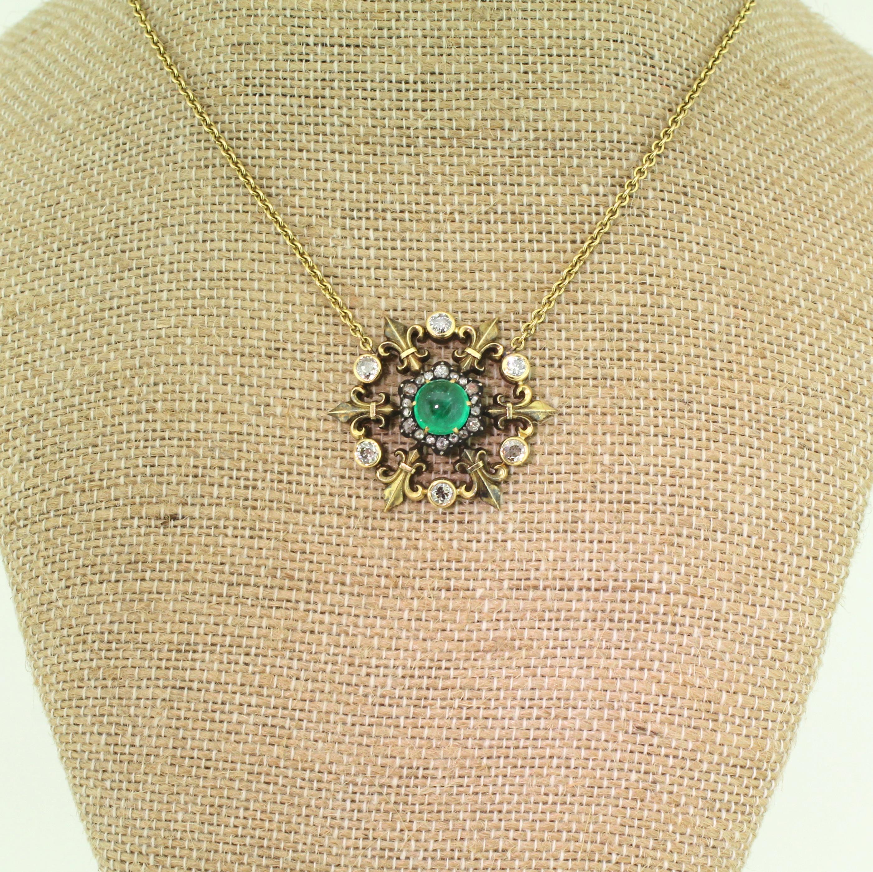 Victorian 1.88 Carat Cabochon Emerald and Diamond Pendant Necklace In Good Condition In Essex, GB