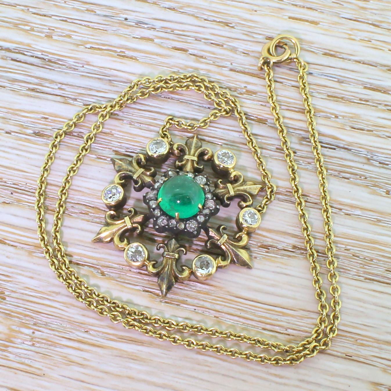 Women's Victorian 1.88 Carat Cabochon Emerald and Diamond Pendant Necklace