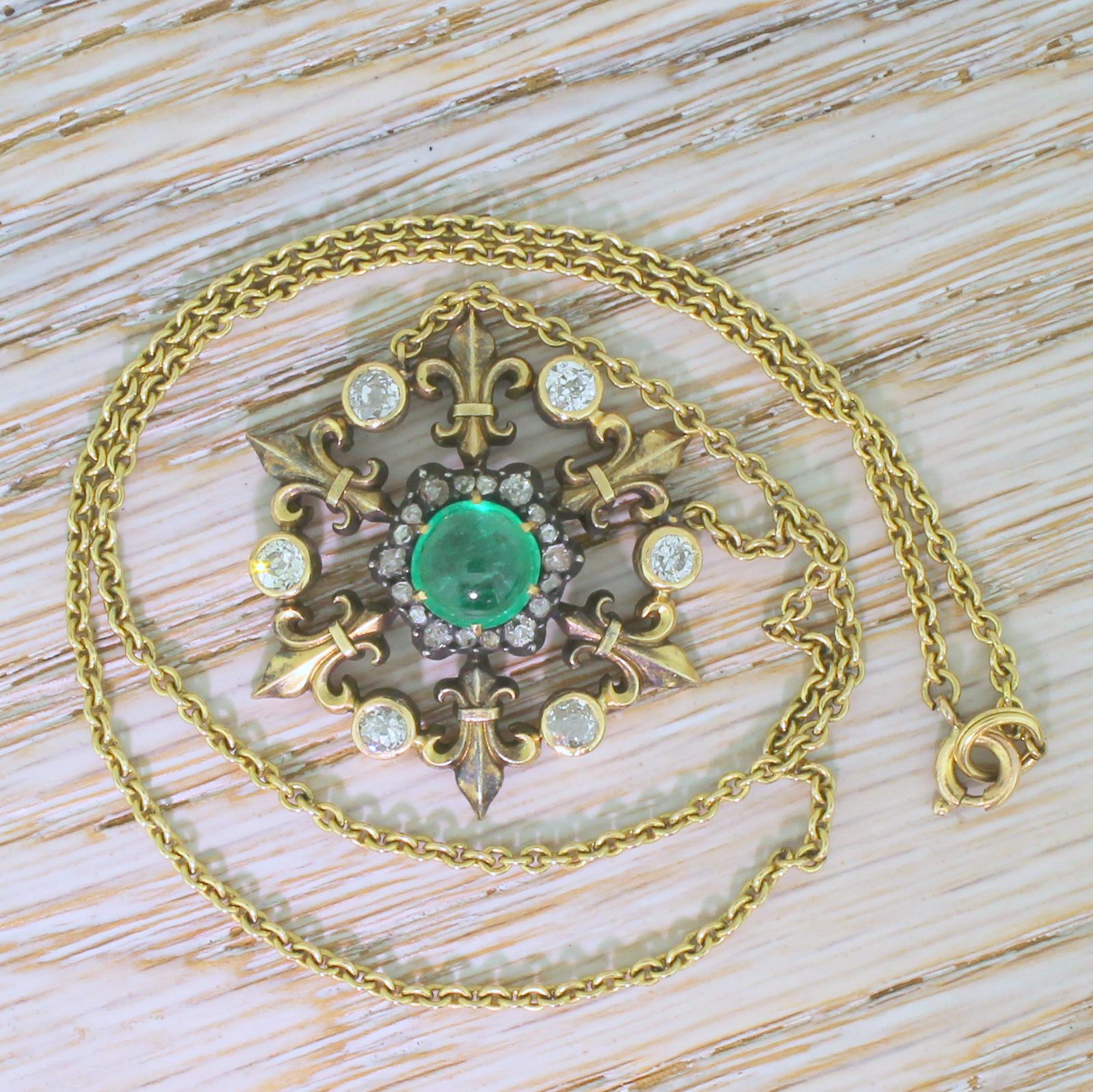 Victorian 1.88 Carat Cabochon Emerald and Diamond Pendant Necklace 1