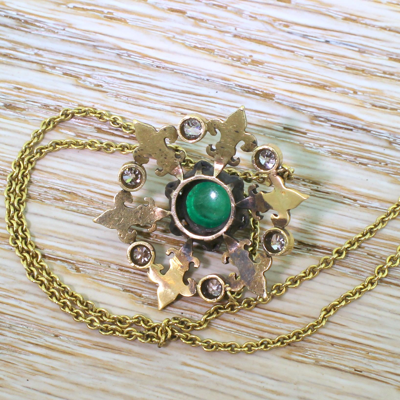 Victorian 1.88 Carat Cabochon Emerald and Diamond Pendant Necklace 2