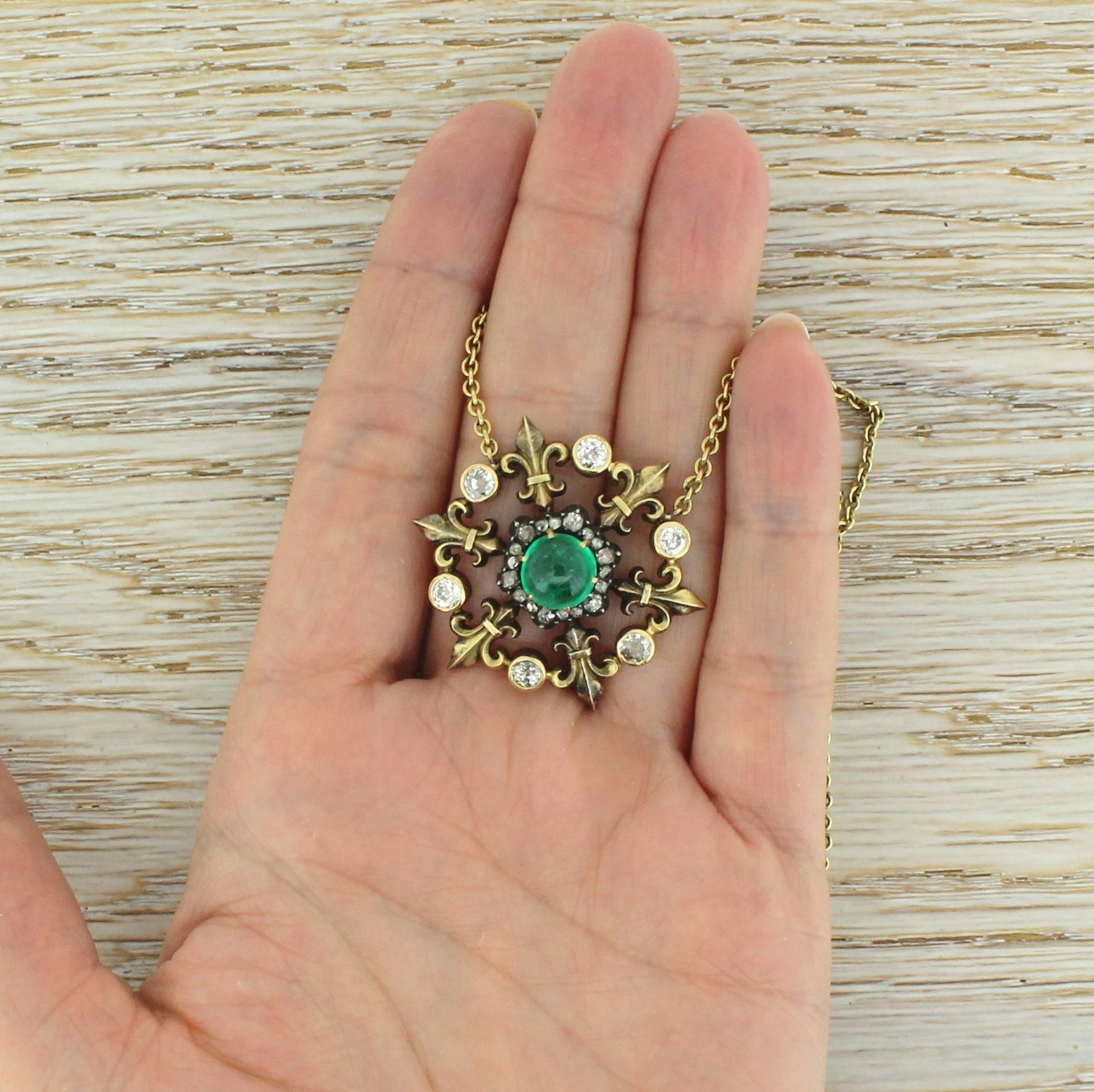 Victorian 1.88 Carat Cabochon Emerald and Diamond Pendant Necklace 3