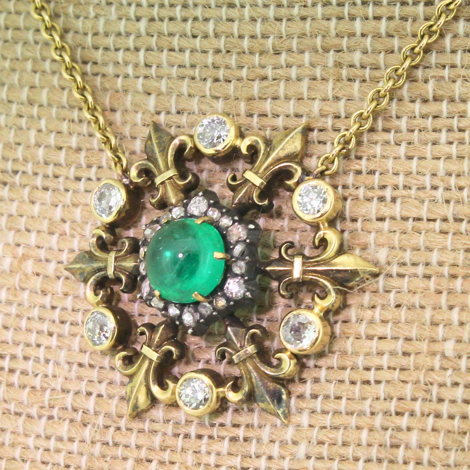 Victorian 1.88 Carat Cabochon Emerald and Diamond Pendant Necklace 4