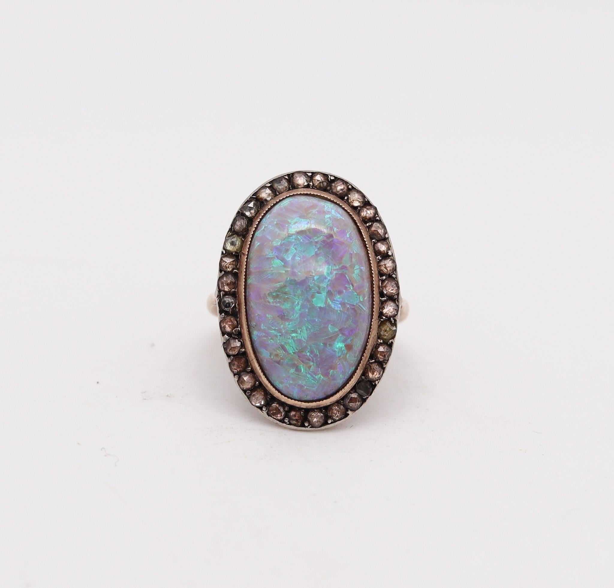Cabochon Victorian 1880 Antique Ring In 14Kt Gold With 8.95 Ctw In Opal And Diamonds For Sale