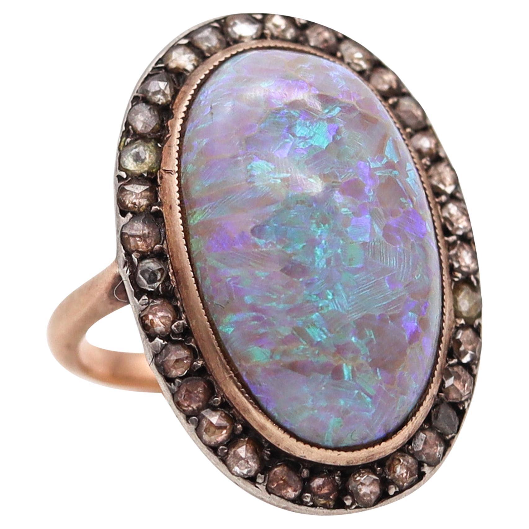 Victorian 1880 Antique Ring In 14Kt Gold With 8.95 Ctw In Opal And Diamonds For Sale